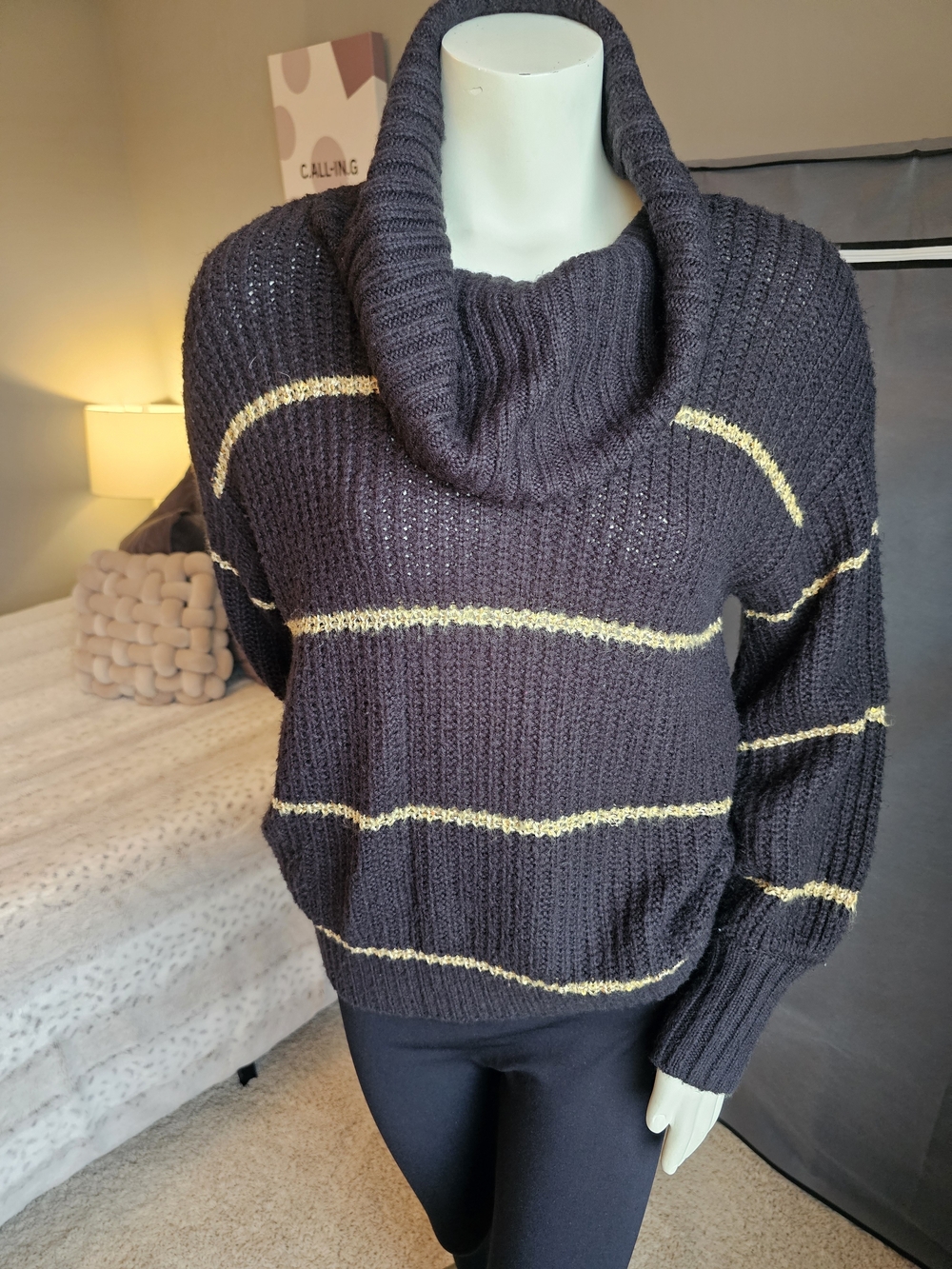 Nine West Black Cowl Neck Sweater with Gold Stripes